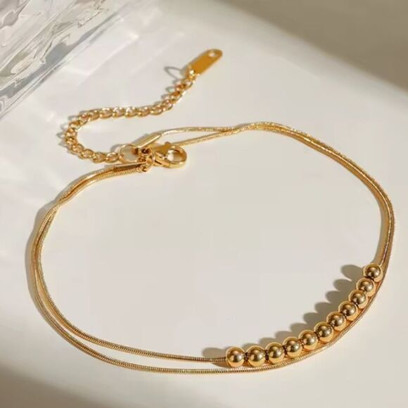 New 18k Gold Ss Double Snake Chain Anklet / Bracelet with Gold Beaded Detail - Picture 6 of 10